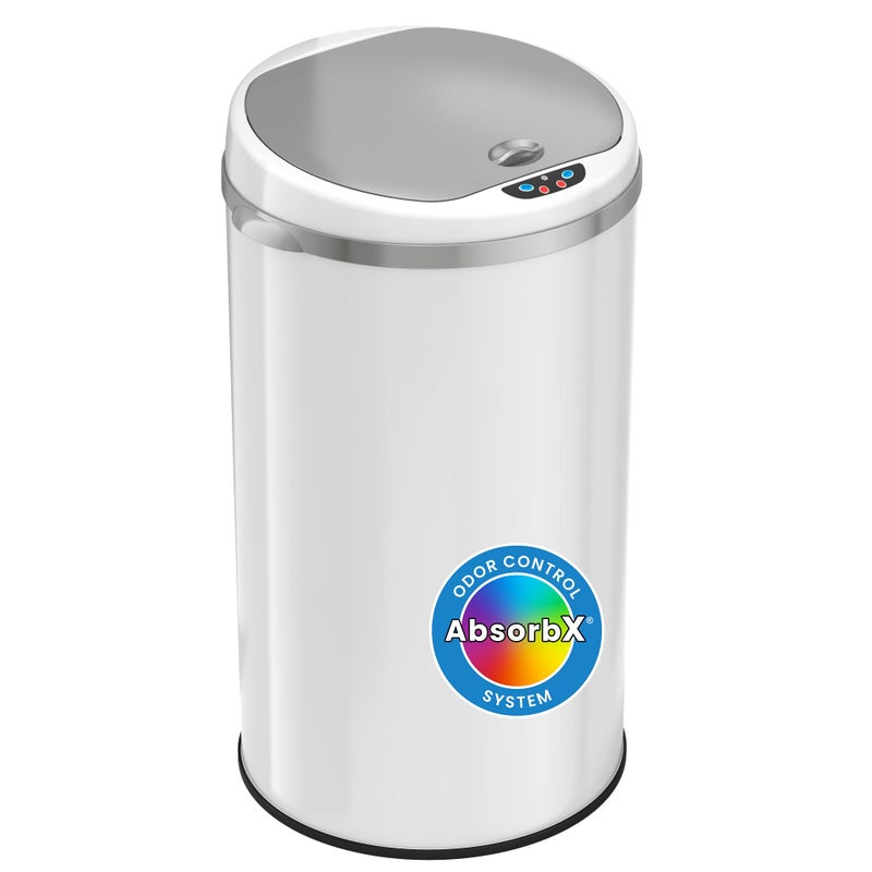 iTouchless 8 Gallon Trash Can with Odor Filter, Round White Stainless Steel Trashcan Garbage Bin for Home Office Work Bedroom Living Room Garage Large Capacity Slim Wastebasket - Image 1